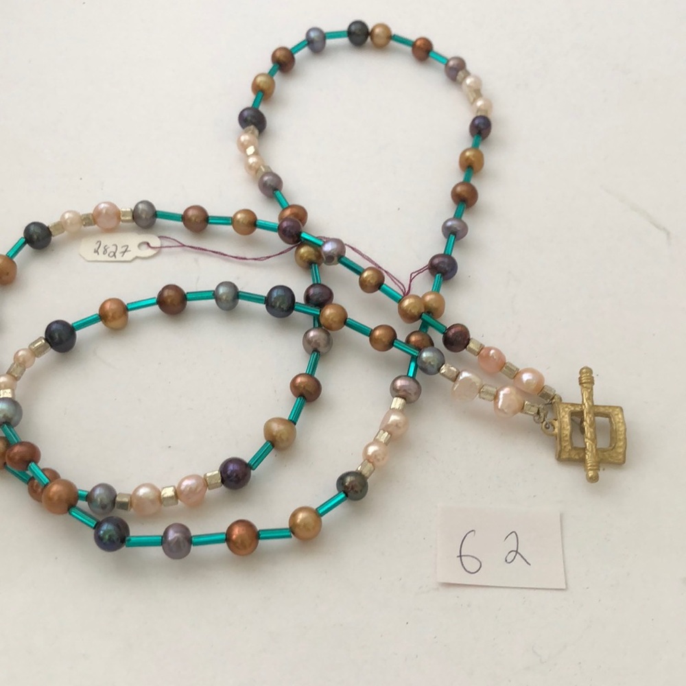 Pearl necklace w aqua rectangular beads (G2)